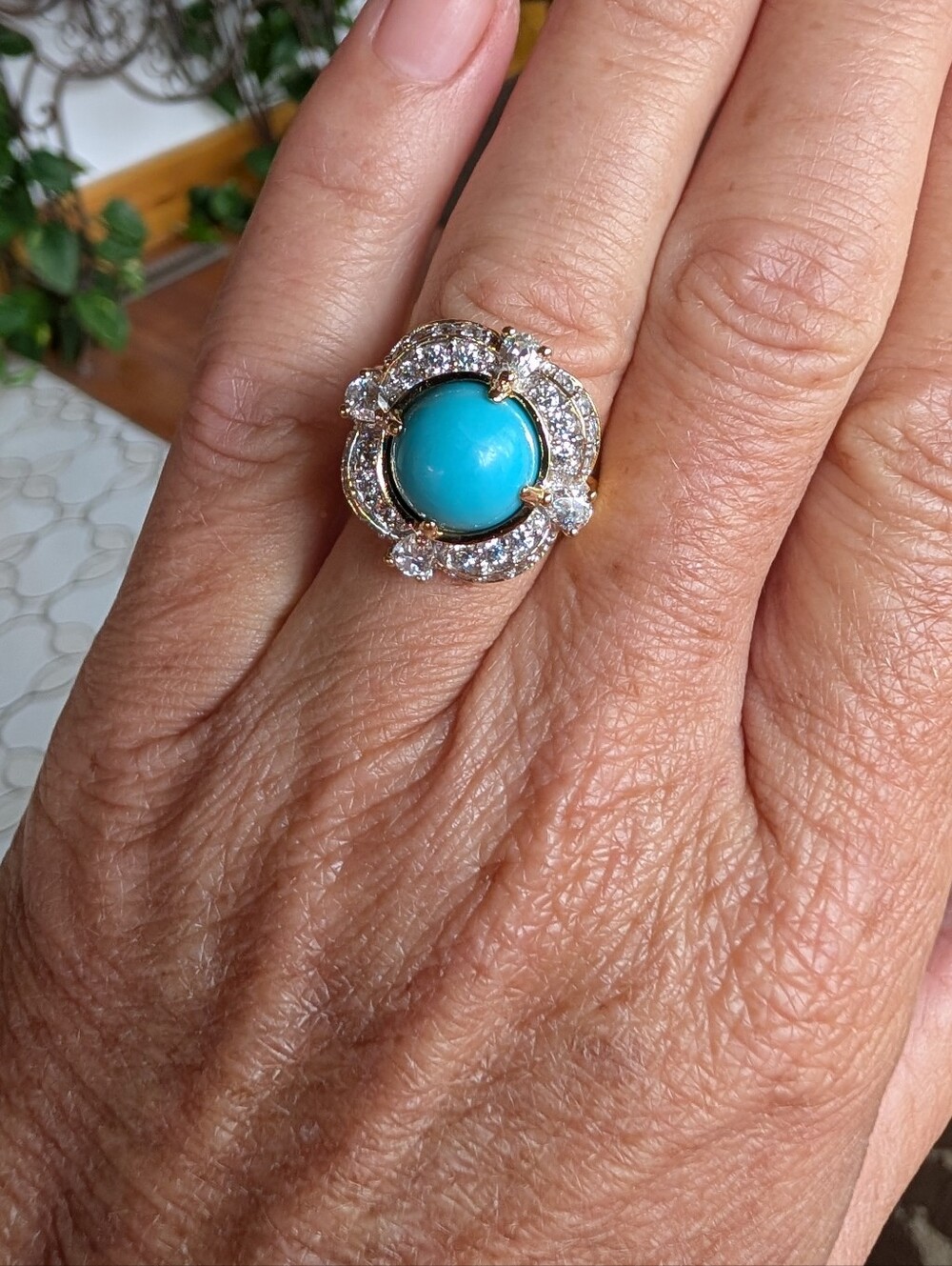 Sleeping Beauty Turquoise Halo 925 Sterling Silver Gold Plated Cocktail Ring, 7 - Picture 7 of 13